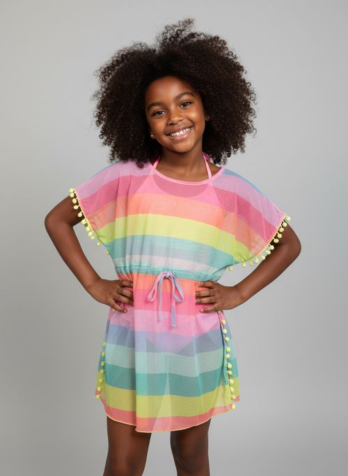 Saída de Praia Infantil Menina Arco-Íris com Pompons