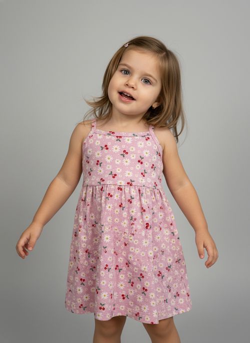 Vestido Infantil Menina Rosa Margaridas e Cerejas