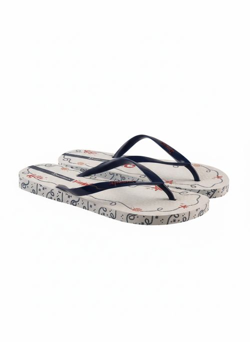 Chinelo Feminino Branco e Azul Estampa Náutica Conchas e Estrelas