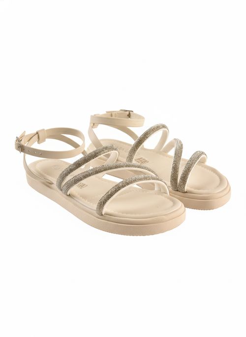 Sandália Flat Feminina Off White com 3 Tiras de Strass