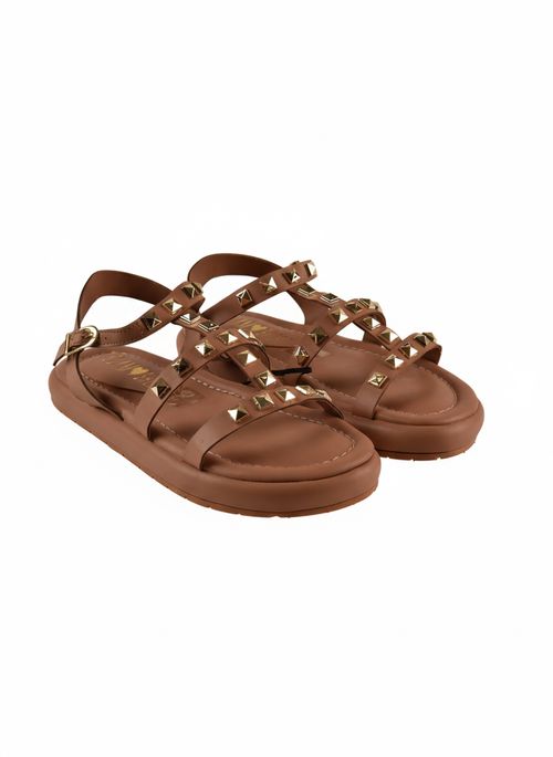 Sandália Flat Plataforma Feminina Nude Tachas Douradas