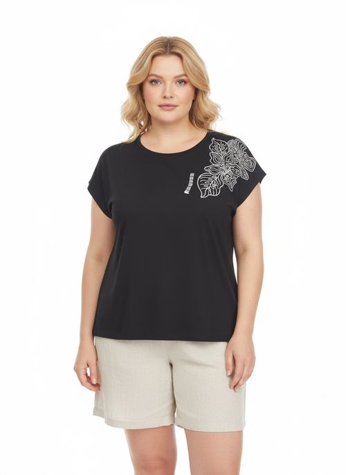 Blusa Feminina Preta com Estampa Floral no Ombro