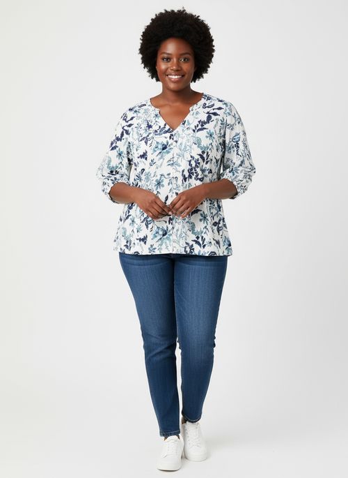 Blusa Feminina Azul e Branco Floral