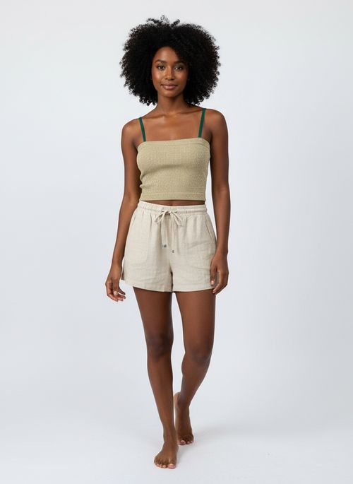 Top Cropped Feminino Bege Claro Lurex Canelado Alças Verdes