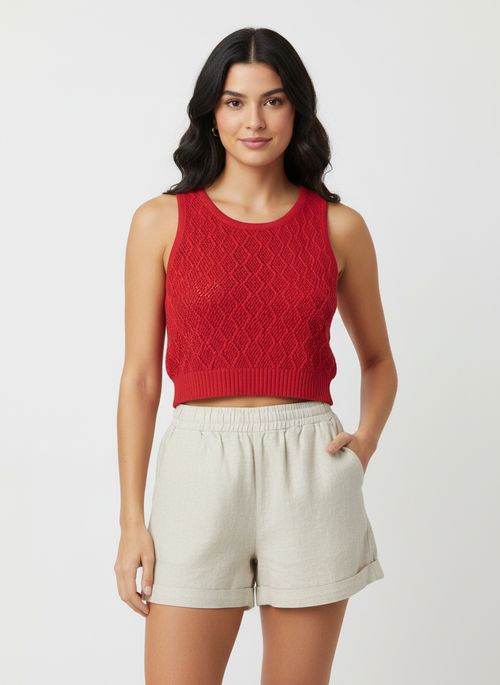 Regata Cropped Feminina Vermelha Trama Losangos