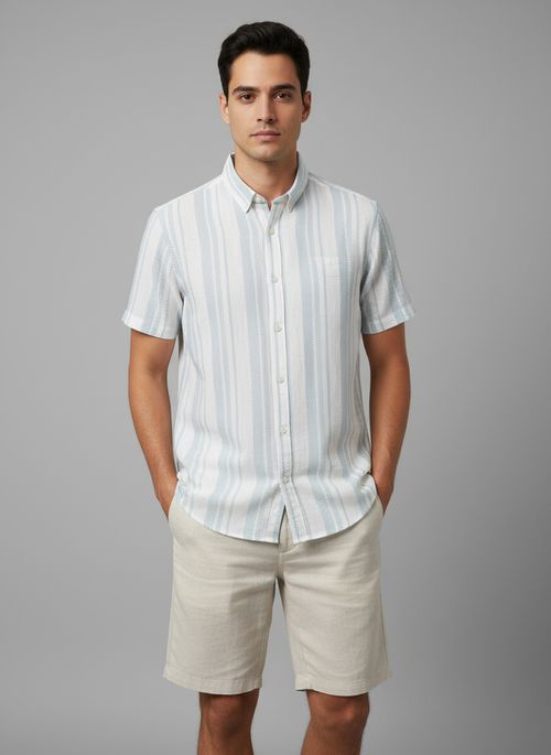 Camisa Masculina Listrada Efeito Linho Manga Curta