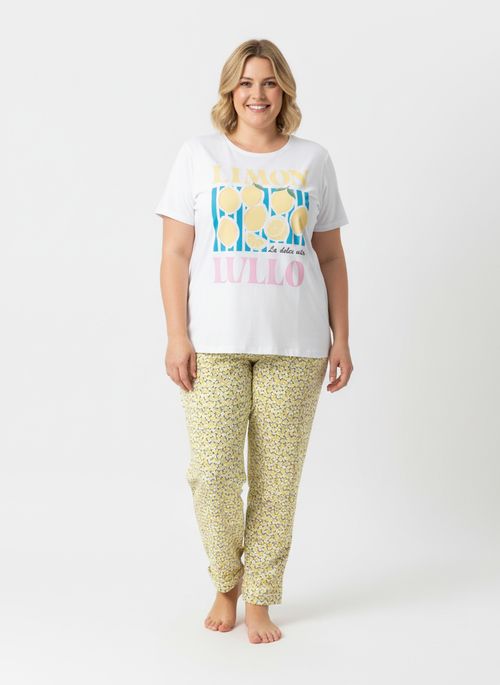 Pijama Feminino Branco e Amarelo Limões Floral