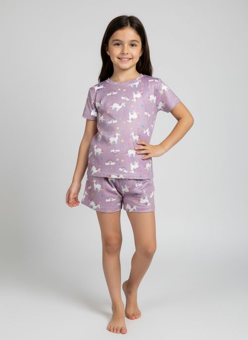 Pijama Infantil Menina Lilás Unicórnio e Arco-Íris