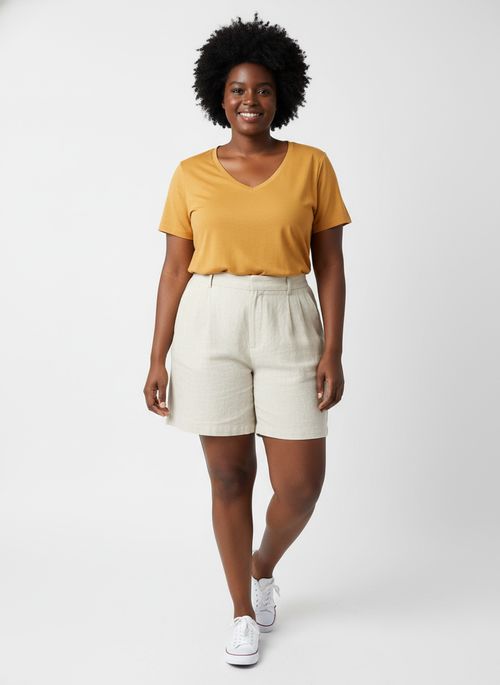 Blusa Feminina Gola V Manga Curta Amarelo Mostarda