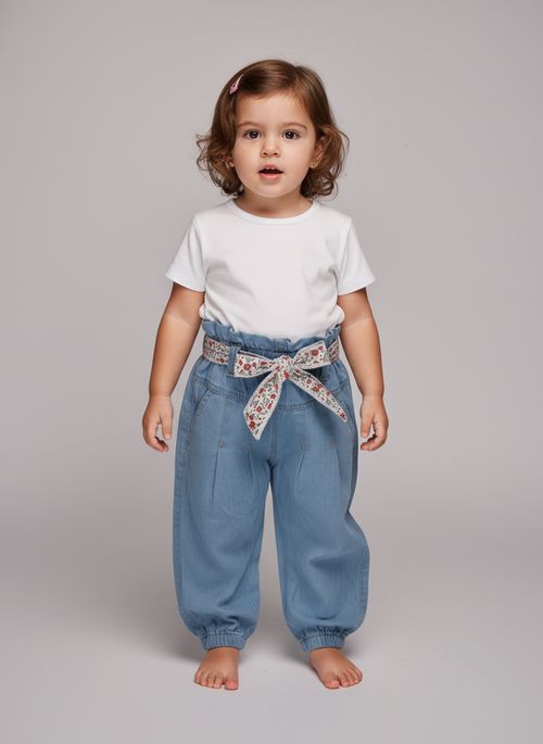 Calça Jeans Baggy Cós Paperbag Infantil Menina Azul Médio Floral