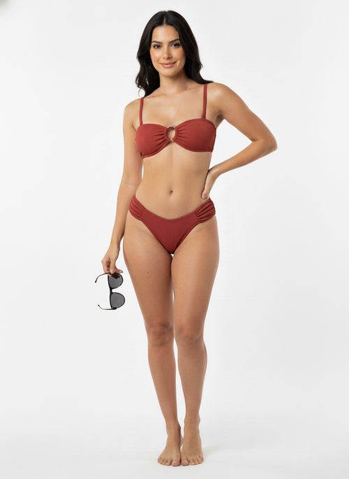 Biquíni Feminino Top Vinho Marsala Canelado Bandeau Argola