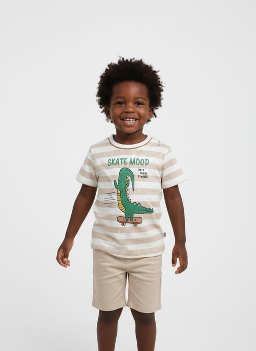 Camiseta Infantil Menino Creme/Bege Listrada Jacaré Skatista