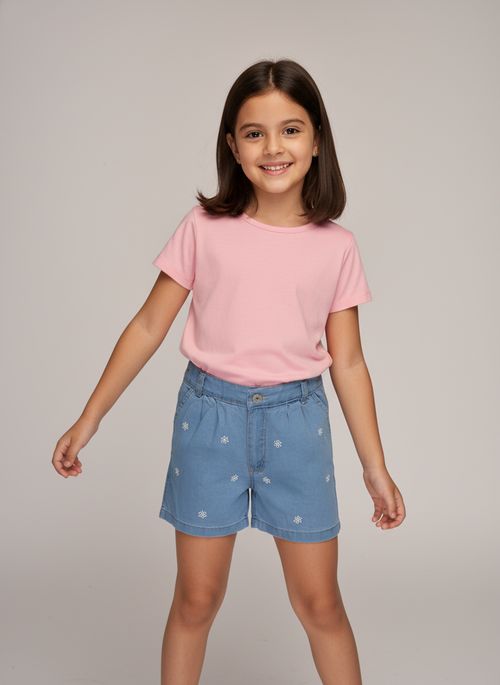 Shorts Jeans Infantil Menina Azul Claro Bordado Floral