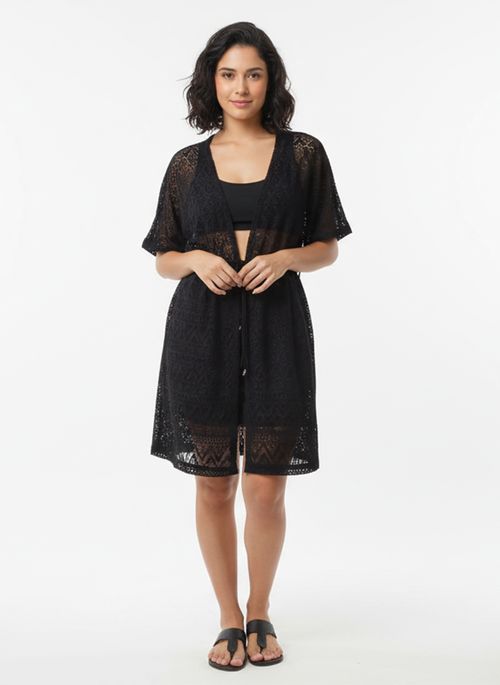 Saída de Praia Kimono Feminina Preta Renda