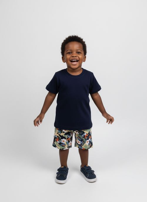 Conjunto Infantil Menino Azul Marinho e Bermuda Tropical