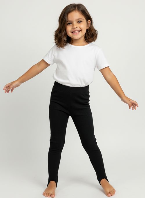 Legging Infantil Seamless Canelada Preta com Alça no Pé