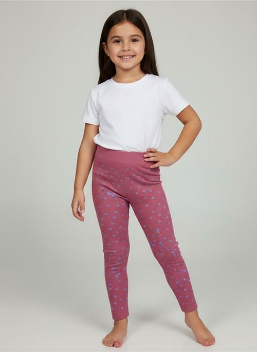 Calça Legging Infantil Menina Rosa Corações Canelada