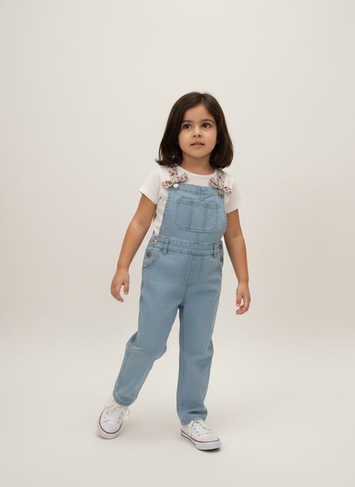 Jardineira Jeans Infantil Menina Azul Médio Laços Florais