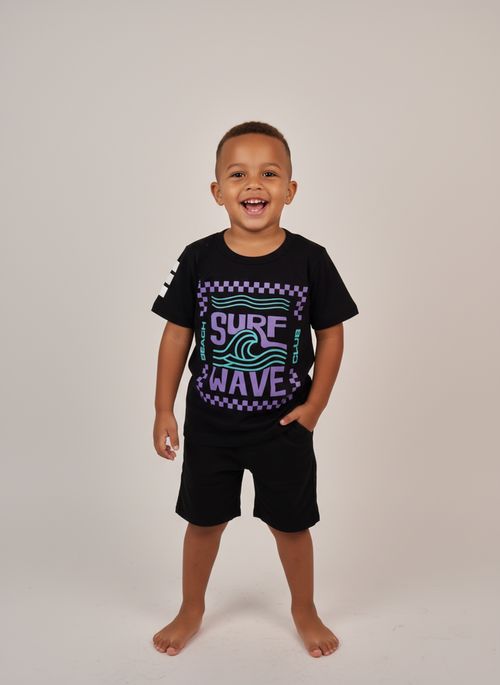 Camiseta Infantil Preta Surf Wave Club Ondas Xadrez
