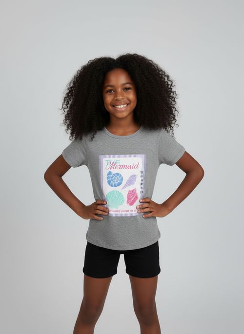 Blusa Infantil Menina Mescla Sereia e Conchas Coloridas