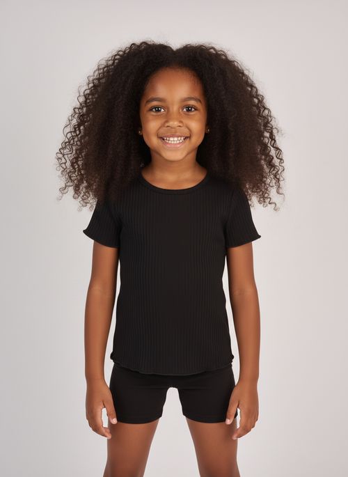 Blusa Manga Curta Infantil Menina Preta Canelada