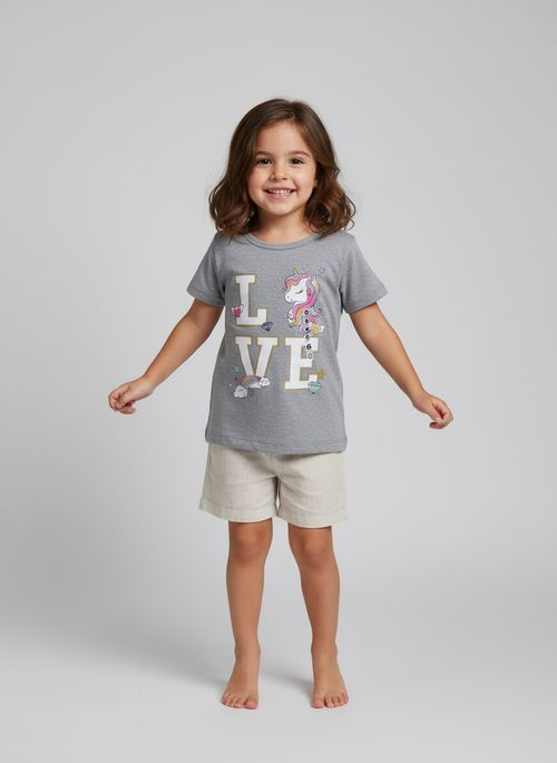 Blusa Infantil Menina Cinza Mescla Unicórnio Love