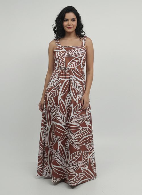 Vestido Maxi Feminino Terracota Folhagem