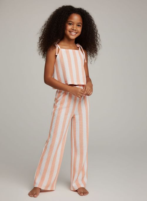 Conjunto Infantil Menina Coral e Branco Listrado Vertical