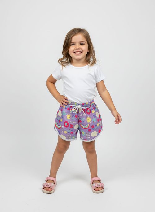 Shorts Infantil Menina Lilás Estampa Arco-Íris e Flores