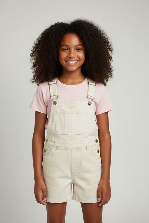 Jardineira Shorts Infantil Menina Off-White