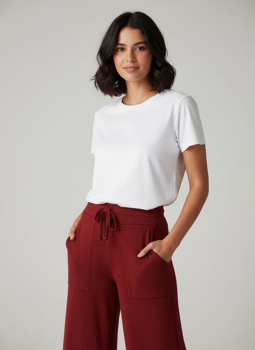Calça Pantalona Tricô Feminina Terracota Cós Amarração