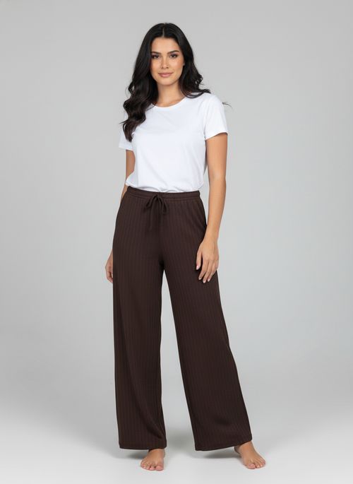 Calça Pantalona Wide Leg Feminina Marrom Escuro Canelada