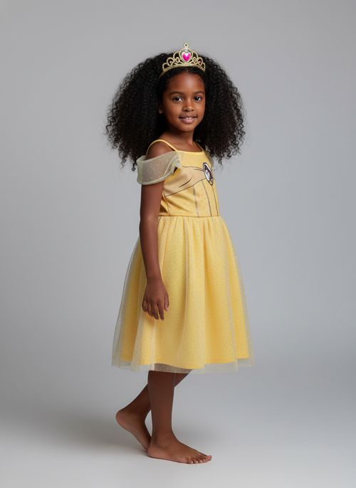 Vestido Infantil Menina Amarelo Princesa Bela Glitter Tiara