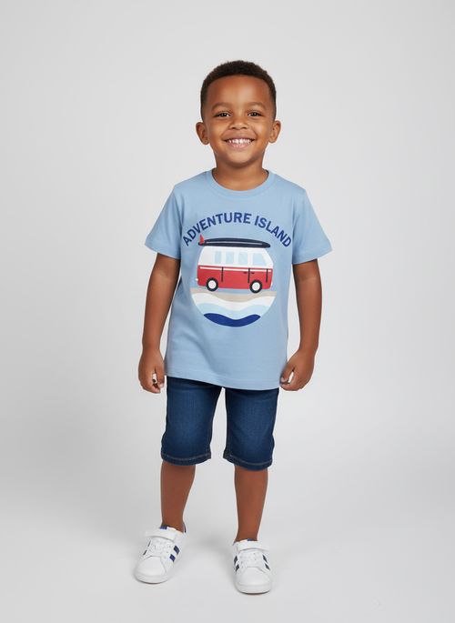 Camiseta Infantil Menino Azul Claro Adventure Island Kombi Surf