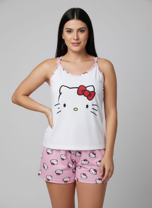 Conjunto Pijama Feminino Alças Branco Rosa Hello Kitty