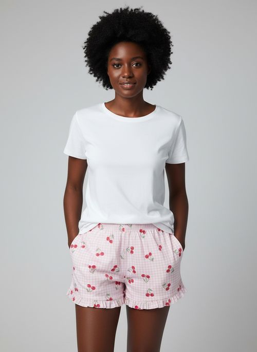 Pijama Curto Feminino Rosa e Branco Adulto Cerejinha Gingham