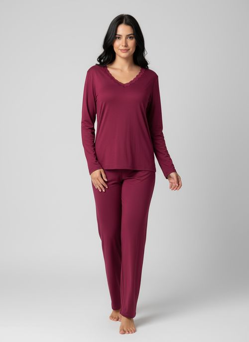 Pijama Longo Feminino Marsala Decote V Renda