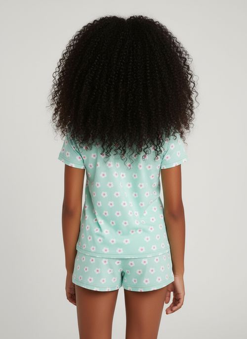 Conjunto Pijama Curto Infantil Menina Verde Água Juvenil Floral