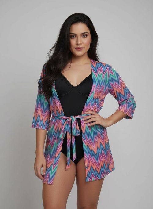 Saída de Praia Kimono Feminino Vibrante Chevron