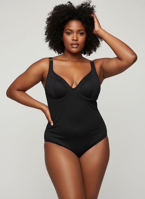 Maiô Feminino Preto Texturizado com Fivelas Douradas