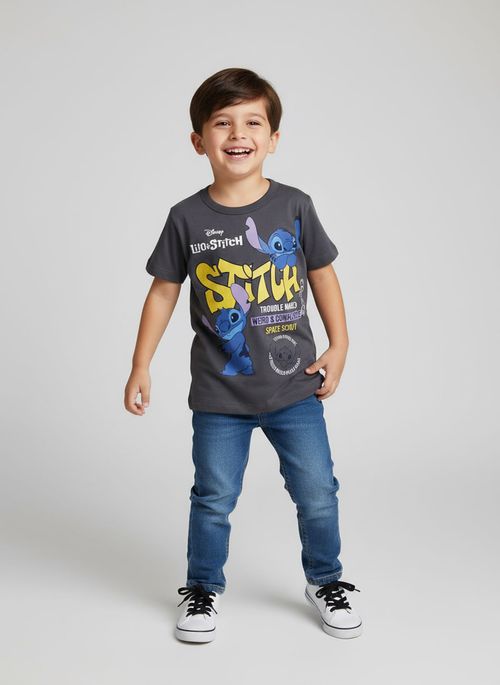 Camiseta Infantil Menino Cinza Chumbo Disney Stitch