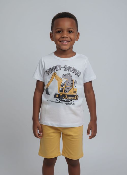 Conjunto Infantil Menino Off White/Amarelo Dinossauro Escavadeira