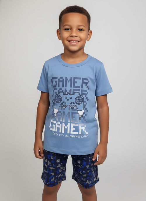 Conjunto Infantil Menino Azul Claro Estampa Gamer Pixel