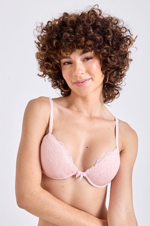 Sutiã Push Up Feminino Rosa Claro Renda Floral