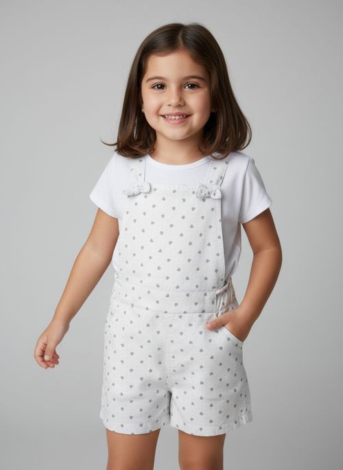 Jardineira Curta Infantil Menina Branca Corações Laços