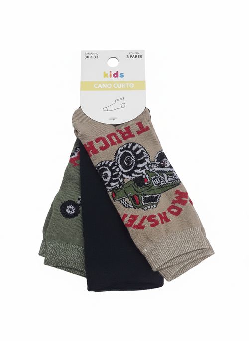 Kit 3 Meias Cano Curto Infantil Menino Sortidas Monster Truck