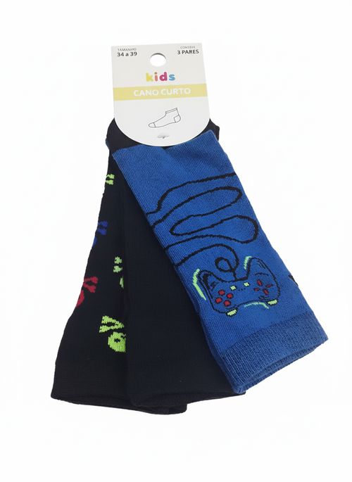 Kit 3 Pares Meias Cano Curto Infantil Gamer Controle
