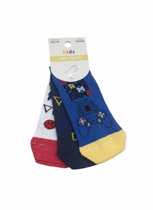 Kit 3 Pares Meias Cano Curto Infantil Gamer 24-29