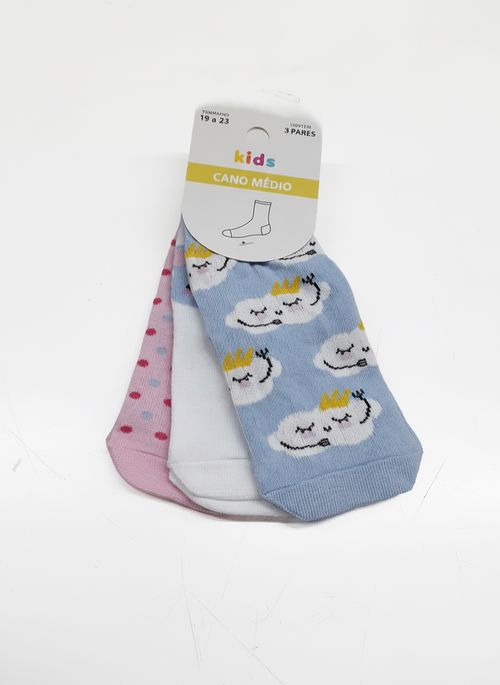 Kit 3 Meias Cano Médio Infantil Sortido 19-23 Nuvens, Poá e Liso