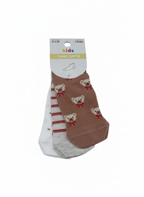 Kit 3 Pares Meias Cano Curto Infantil 24-29 Ursinho e Listras